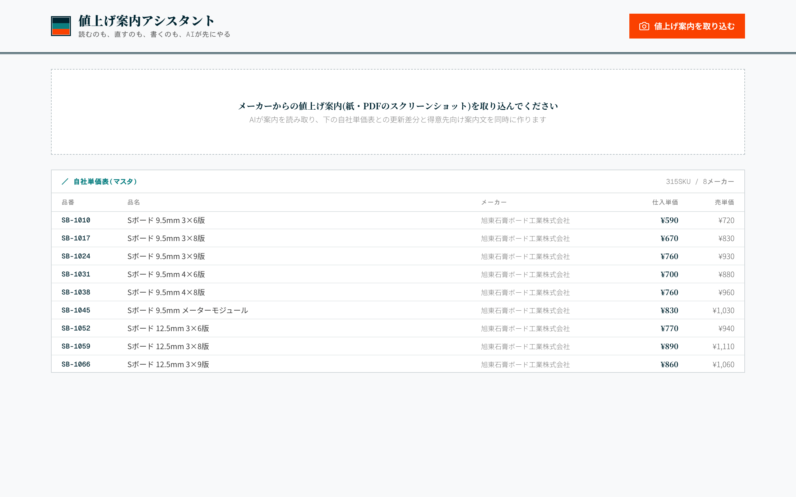 単価表の自動更新 の実画面